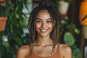  Portrait of a smiling woman with braids, wearing a terracotta top in a neutral-toned room with wooden decor and leafy plants. Light from window