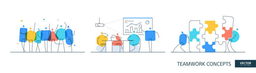 Office partnership illustrations set in thin line style. Cartoon puzzle abstract linear vector design concepts. Happy connection flat icons. Tiny geometric people team