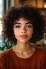 Portrait of a woman with short afro hair, wearing a rust-colored dress in a room with beige walls, wooden shelves, and a leafy plant near the window