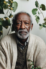 Portrait of an older Black man with salt-and-pepper beard, wearing a beige cardigan in a minimalist room with white walls, wood textures, and leafy plants