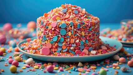 A white plate is centered on a light blue table with colorful assorted candies and sprinkles scattered both on the plate and around it.