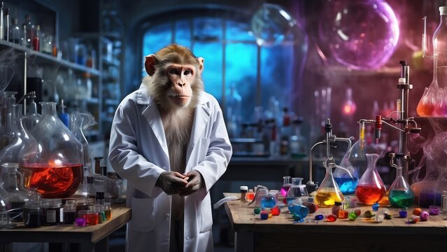 a monkey in a lab coat standing in front of a vat of colorful liquids
