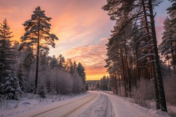 Winter Sunset Over a Snow-Covered Forest Road Generative AI