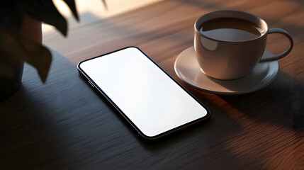 Morning routine with a mobile device. Start your day with a cup of coffee, and a smartphone to stay connected. Technology and relaxation combined.
