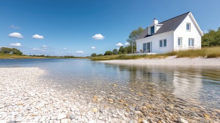Obraz premium A serene white cottage by the tranquil shoreline with clear shallow water, lush green surroundings, bright sunny day, and peaceful summer retreat concept.