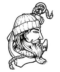 Maritime Sentinel: A detailed illustration of a seasoned sailor, adorned with a cap and scarf, and a meticulously styled beard. This artwork captures a timeless sea spirit and a seafaring adventure.