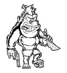 Apex Predator Cartoon Illustration: A fierce, muscular gorilla strides confidently, armed with a firearm and a resolute gaze, ready to protect or conquer.