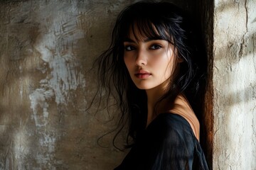 Fototapeta premium Elegant fashion portrait of a model with dark hair in shadow by textured wall, cinematic atmosphere