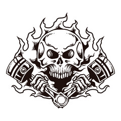 Burning Skull: A monochrome artistic depiction of a skull surrounded by flames, clutching pistons, evoking a sense of adrenaline and high-speed intensity.  © Saiid-Designs