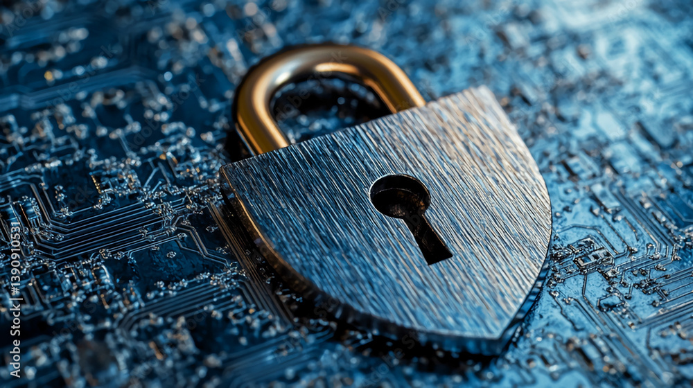 Poster cyber security padlock on circuit board for data protection and network security concept image desig