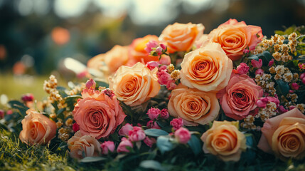 Elegant white funeral flowers placed on a coffin at a modern grave, symbolizing peace, purity, and remembrance, honoring the life of the deceased in a serene and respectful setting.


