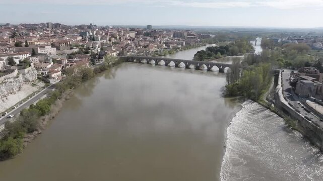 Drone footage of Zamora, Spain with cathedral, old town and Duero River