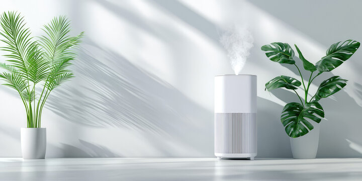 Clean air mist with silver ions comes out of a modern electric air purifier in the interior of the room.