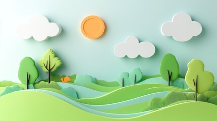 3D Paper Landscape, Calm, Nature Scene, Sunny Day