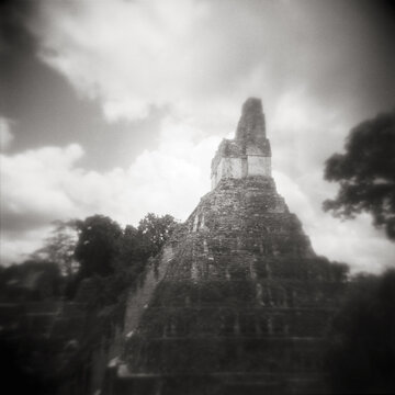 Black and white photograph of the Tikal Mayan ruins, Tikal, Peten, Guatemala.