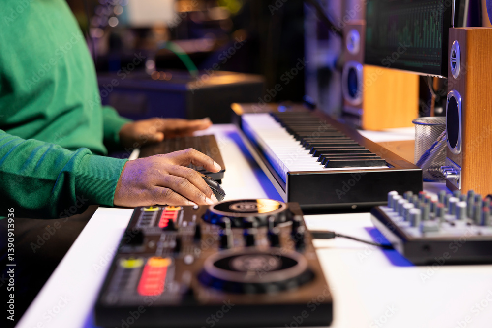 Aufkleber audio technician working with a professional editing software on pc, mixing and mastering his old so