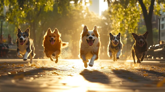 Five dogs run towards the viewer in a park with sunlight and trees.
