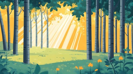 Cartoon forest scene with trees grass and sunlight streaming through the leaves.