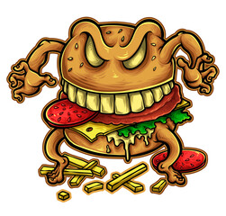 Monster Burger Unleashed: A whimsical, illustrated monster burger, embodying the playful fusion of food and fantasy, springs to life in a creative illustration.