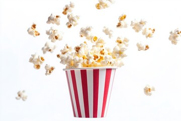 Popcorn overflowing from a red and white striped container shot on white background