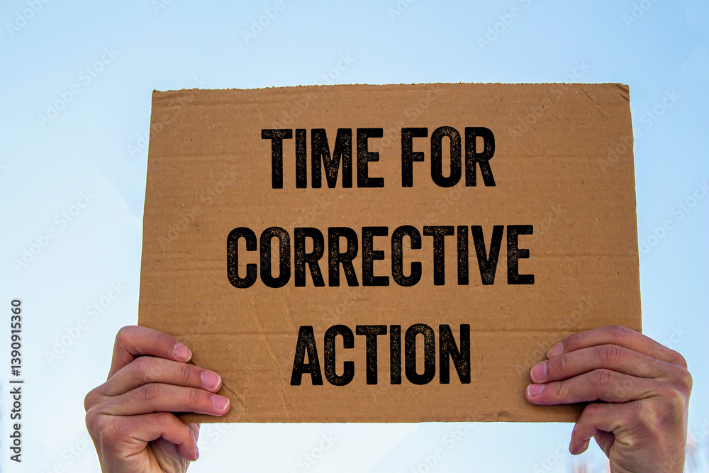 Fototapete Time for corrective action message written on cardboard sign. Conceptual time for corrective action symbol. Copy space.