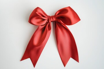 A shiny red ribbon bow displayed on a plain white background