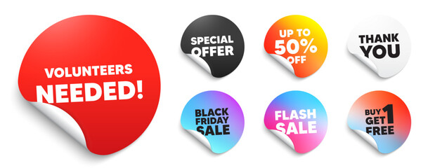 Volunteers needed red sticker tag. Special offer paper price tags. Volunteers needed tag. Volunteering service sign. Charity work symbol. Discount, black friday sticker. Promo banner. Vector