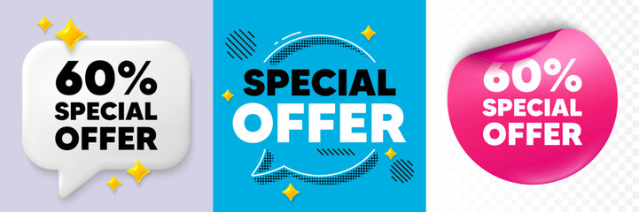 Discount speech bubble. 3d sparkles chat, Paper sticker. 60 percent discount offer tag. Sale price promo sign. Special offer symbol. Special offer bubble. Halftone dots pattern. Vector