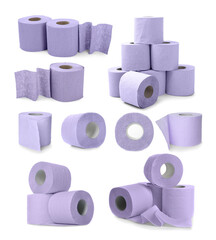 Violet toilet paper rolls isolated on white, set
