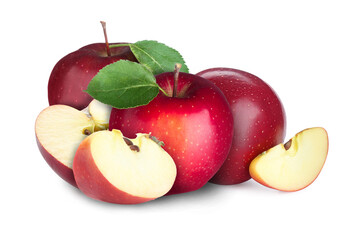 Fresh juicy red apples isolated on white. Whole and sliced