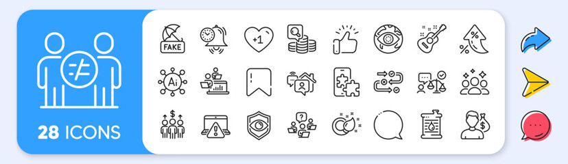 Fake news, Salary and Inspect line icons. Interest rate, AI generate, Inflation icons. Pack of Online warning, Discrimination, Eye detect icon. Survey progress, Guitar, Cyber attack pictogram. Vector