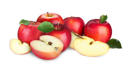 Fresh juicy red apples isolated on white. Whole and sliced