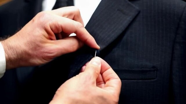 A man is getting ready to wear a suit and is adjusting the collar. Concept of formality and attention to detail, as the man carefully pins the collar to ensure it is properly aligned