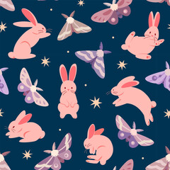 Delicate nighttime seamless pattern with cute pink rabbits and fairy butterflies on a dark blue background with stars. Suitable for fabric, textile, wrapper, packaging, background, cover