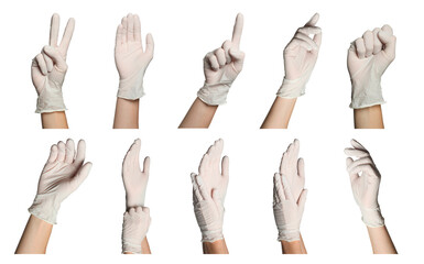 People wearing medical gloves isolated on white, set