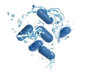 Many pills and splashes of water in air on white background