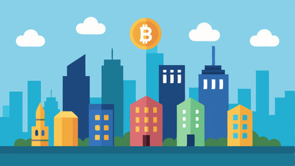 Cityscape of Compliance A city skyline with a mix of traditional buildings and digital currency symbols floating above illustrating the integration of cryptocurrency regulations