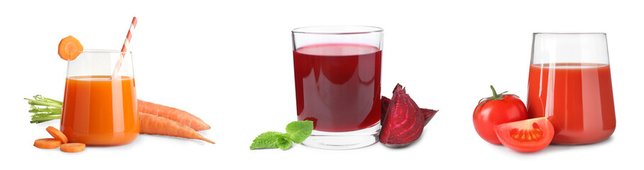 Set of different juices in glasses isolated on white