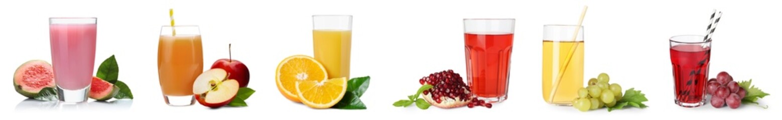 Set of different juices in glasses isolated on white