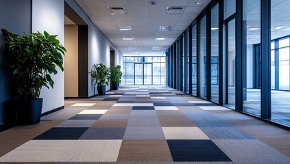 Modern office corridor with patterned carpet and glass walls