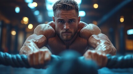 Intense Fitness Muscular Man in Boxing Ring Sweating and Focused on Strength Training Exercis