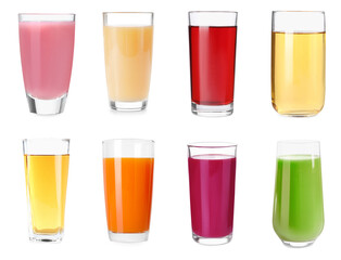 Set of different juices in glasses isolated on white
