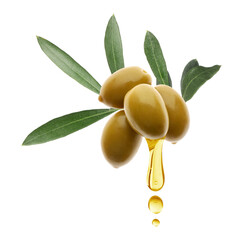 Olives with green leaves and oil drop on white background