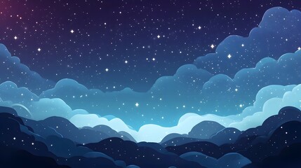Obraz premium Cartoon illustration shows a night sky with clouds and stars in blue.