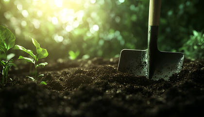 Using a trowel to prepare a garden bed surrounded by flowers in bloom in a garden bathed in sunlight