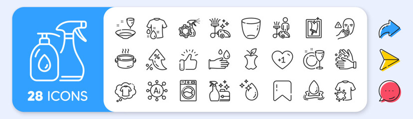 Water drop, Dish plate and Washing machine line icons. Interest rate, AI generate, Inflation icons. Pack of Cleanser spray, Dont touch, Rubber gloves icon. Vector