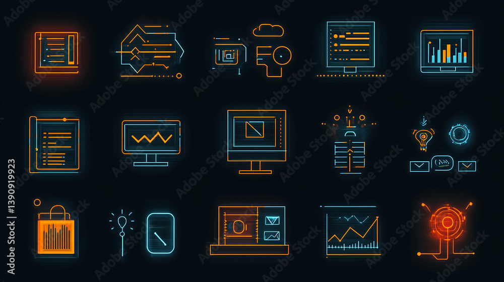 Poster futuristic digital technology icons set for business analytics and data visualization concept design
