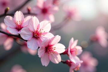 Fototapeta premium Delicate pink sakura blossoms, full bloom, soft petals , print, botanical