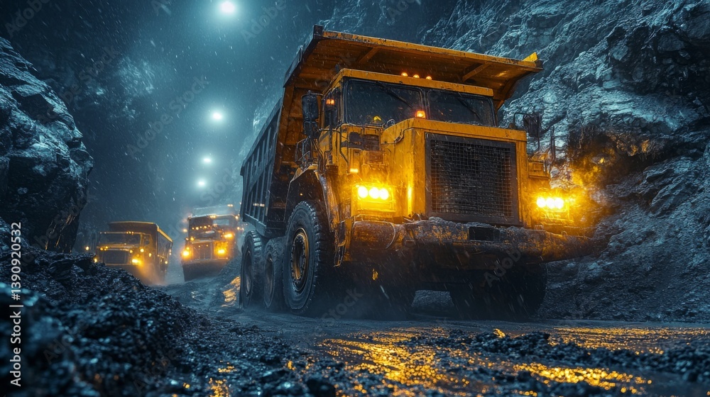 Poster large yellow mining trucks navigate through a dimly lit underground quarry. their headlights illumin
