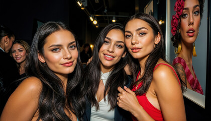 Obraz premium Friends enjoying an evening at a stylish gallery event in a vibrant urban setting during a cultural celebration showcasing contemporary art.